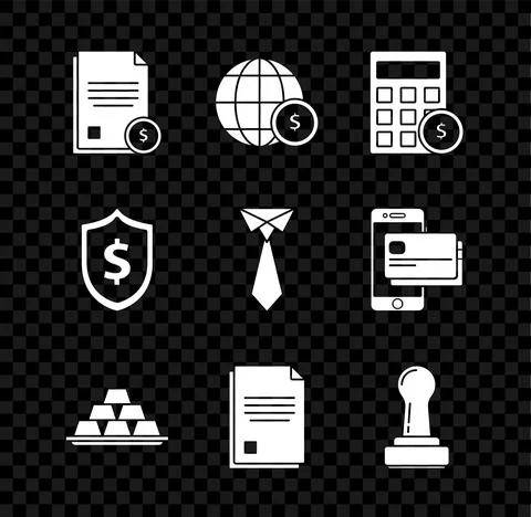 Set Finance document, Earth globe with dollar symbol, Calculator, Gold bars Stock Illustration