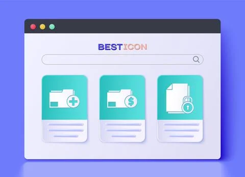Set Finance document folder, Add new folder and Document and lock icon. Vecto Illustrazione stock