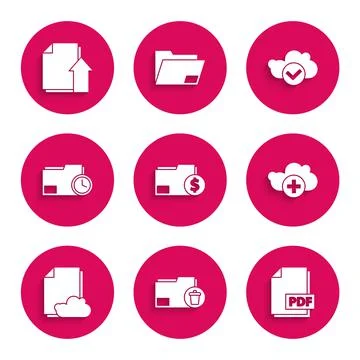 Set Finance document folder, Delete, PDF file, Add cloud, Cloud storage text Stock Illustration