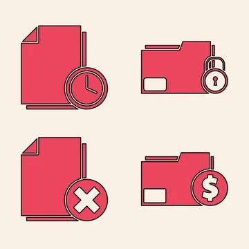 Set Finance document folder, Document with clock, Folder and lock and Delete Stock Illustration