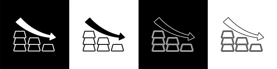 Set Finance falling chart arrow with gold bars icon isolated on black and w.. Stock Illustration