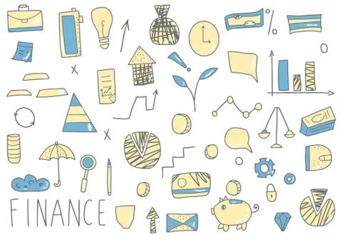 Set of finance hand drawn elements isolated on white background. Business con Stock Illustration
