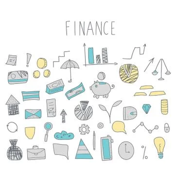 Set of finance hand drawn elements isolated on white background. Business con Stock Illustration