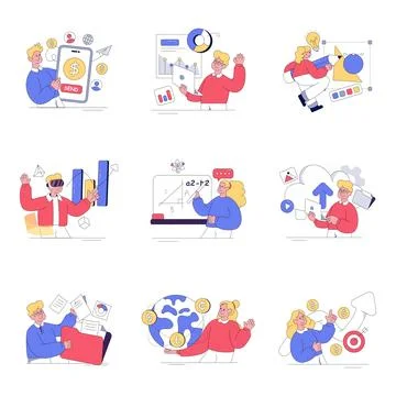 Set of Financial Data and Education Flat illustrations Stock Illustration