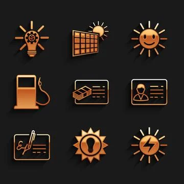 Set Financial document, Solar energy panel, Identification badge, Signed, P.. Stock Illustration