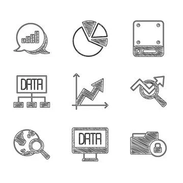 Set Financial growth, Data analysis, Folder and lock, Search data, globe, Server Illustrazione stock
