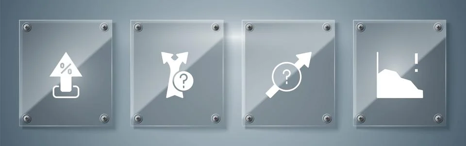 Set Financial growth decrease, Arrow, and Percent up arrow. Square glass panels Stock Illustration