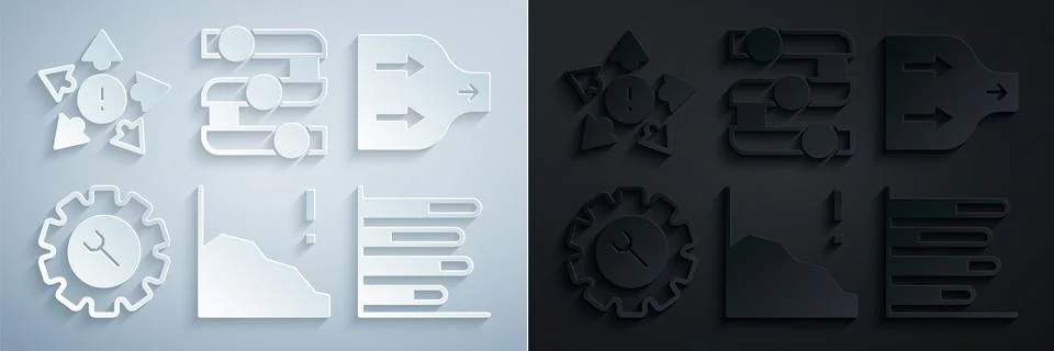 Set Financial growth decrease, Arrow, Wrench and gear, Pie chart infographic Stock Illustration