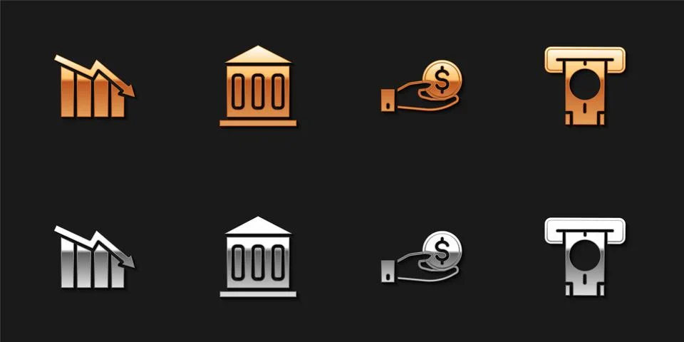 Set Financial growth decrease, Bank building, Hand giving money and ATM icon 库存插图