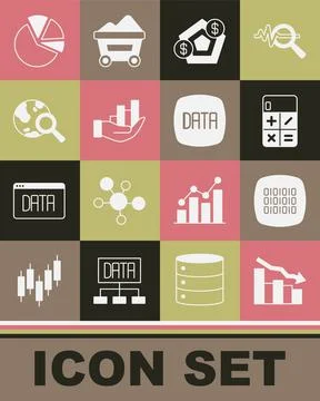 Set Financial growth decrease, Binary code, Calculator, Pie chart infographic Illustrazione stock