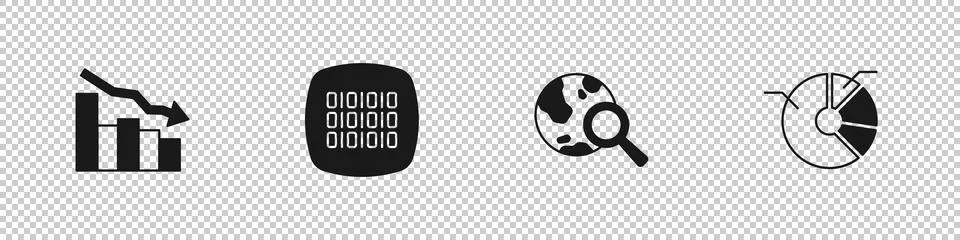 Set Financial growth decrease, Binary code, Search globe and Pie chart Stock Illustration