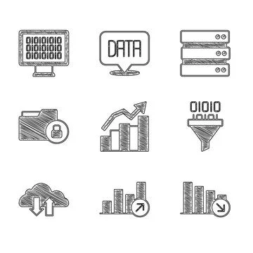 Set Financial growth, decrease, Binary code, Cloud download and upload, Fol.. Stock Illustration