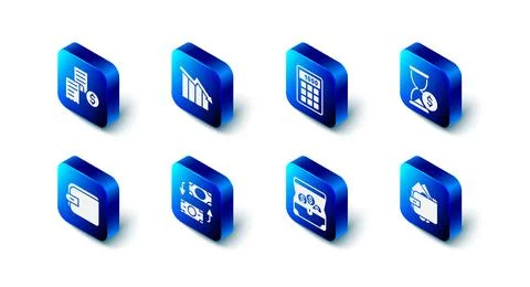 Set Financial growth decrease, Calculator, Hourglass with dollar, Wallet money Stock Illustration