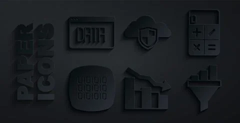 Set Financial growth decrease, Calculator, Binary code, Sales funnel with chart Stock Illustration