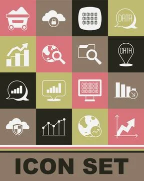 Set Financial growth, decrease, Data analysis, Binary code, Search globe, Coal Stock Illustration