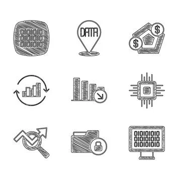 Set Financial growth decrease, Folder and lock, Binary code, Processor CPU Stock Illustration