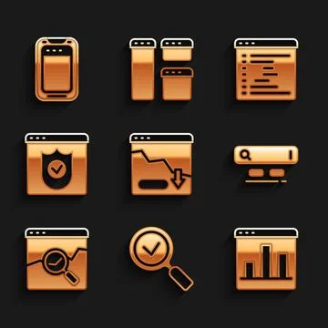 Set Financial growth decrease, Magnifying glass with check mark, Graph char.. Illustrazione stock