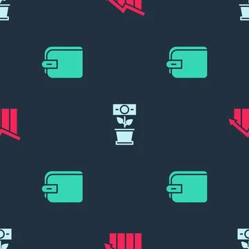 Set Financial growth decrease, Money plant the pot and Wallet on seamless Stock Illustration