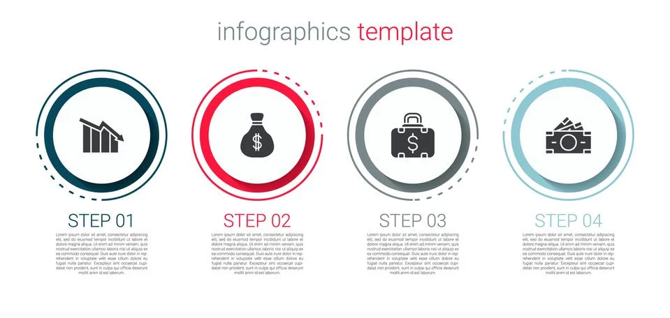 Set Financial growth decrease, Money bag, Briefcase and money and Stacks paper Illustrazione stock
