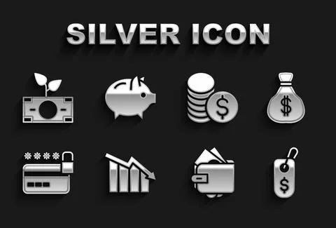 Set Financial growth decrease, Money bag, Price tag with dollar, Wallet money 库存插图