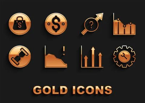 Set Financial growth decrease, Pie chart infographic, Wrench and gear, Old Stock Illustration