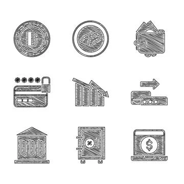 Set Financial growth decrease, Safe, Laptop with dollar, Pos terminal, Bank Illustrazione stock