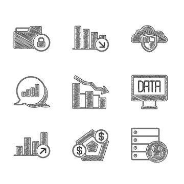 Set Financial growth decrease, Server security with padlock, Data analysis, P 스톡 일러스트