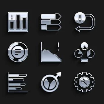 Set Financial growth decrease, Wrench and gear, Pie chart infographic, Arrow and Stock Illustration