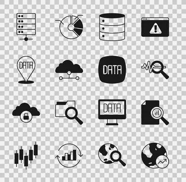 Set Financial growth, Document with graph chart, Search data analysis, Server Stock Illustration