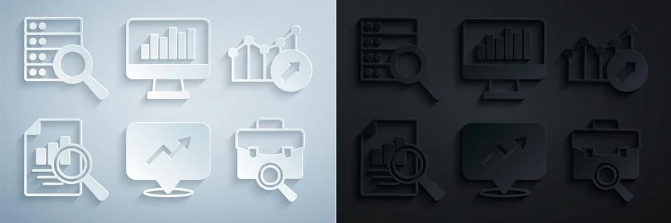 Set Financial growth, Document with graph chart, Work search, Monitor and Server Stock-Illustration