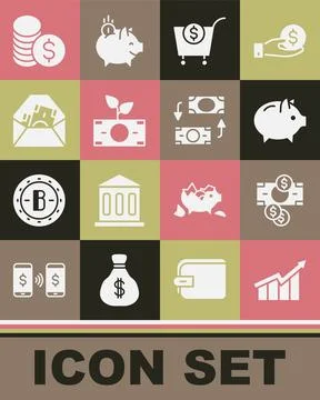 Set Financial growth increase, Stacks paper money cash, Piggy bank, Shoppin.. Illustrazione stock