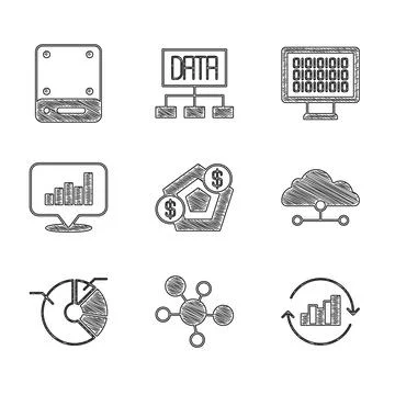 Set Financial growth, Mind map infographic, Pie chart, Network cloud connec.. Illustrazione stock