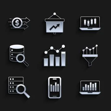 Set Financial growth, Mobile with graph, Laptop chart, Sales funnel, Server 스톡 일러스트