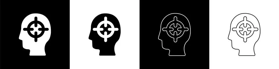 Set Finding a problem in psychology icon isolated on black and white background Illustrazione stock