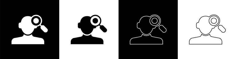 Set Finding a problem in psychology icon isolated on black and white background Illustrazione stock
