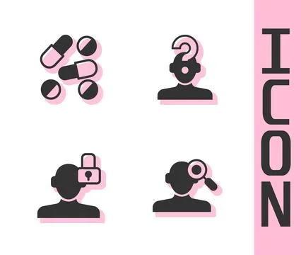 Set Finding a problem in psychology, Medicine pill or tablet, Closed personality Illustrazione stock