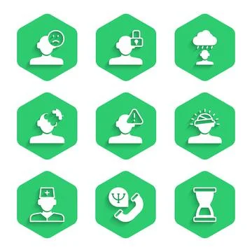 Set Finding a problem in psychology, Old hourglass, Concussion, headache, Male Illustrazione stock
