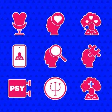 Set Finding a problem, Psychology, Psi, Man graves funeral sorrow, Solution to Illustrazione stock