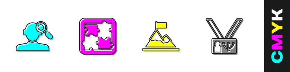Set Finding a problem in psychology, Solution, Mountains with flag top and 스톡 일러스트