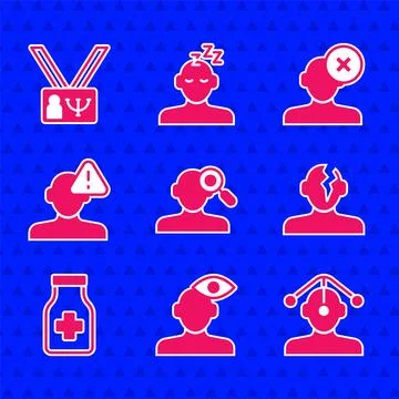 Set Finding a problem in psychology, Solution, Hypnosis, Sedative pills,  a.. Illustrazione stock