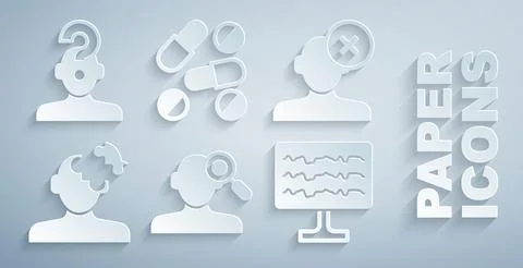 Set Finding a problem in psychology, Solution, Encephalogram, Medicine pill.. Stock Illustration