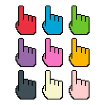 Set of finger pixel icon, web cursor click mouse symbol, computer pointer vec Stock Illustration