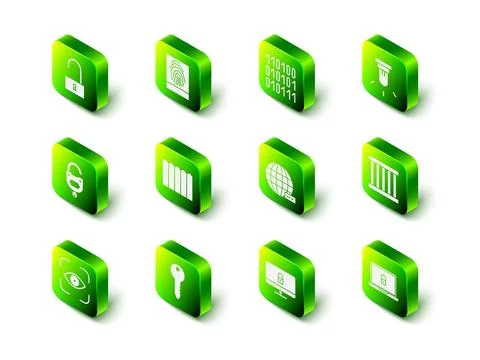 Set Fingerprint, Binary code, Motion sensor, Prison window, Laptop and lock.. Illustrazione stock