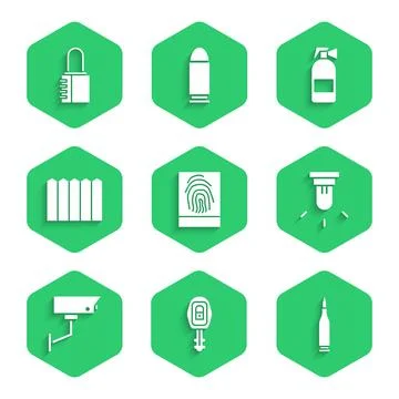 Set Fingerprint, Car key with remote, Bullet, Motion sensor, Security camera Stock Illustration