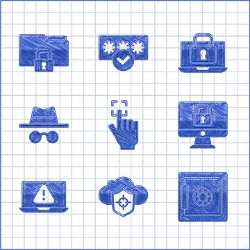 Set Fingerprint, Cloud and shield, Safe, Lock on monitor, Laptop with Stock Illustration