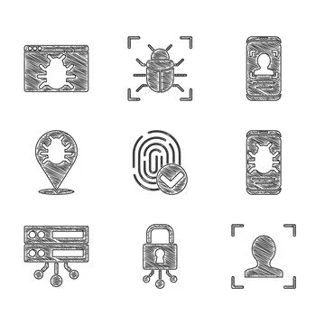 Set Fingerprint, Cyber security, Face recognition, System bug mobile, Serve.. 库存插图