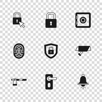 Set Fingerprint door lock, Security camera, Ringing alarm bell, Shield secu.. Illustrazione stock