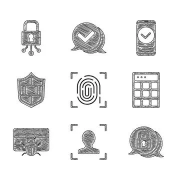 Set Fingerprint, Face recognition, Cyber security, Password protection, System Stock Illustration