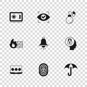 Set Fingerprint, Lock, Umbrella, Ringing alarm bell, Bomb, Safe, Eye scan a.. Illustrazione stock