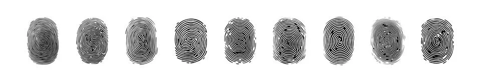 Set of Fingerprint patterns, clear lines and swirls. Human thumbprint. Icon.. Stock Illustration